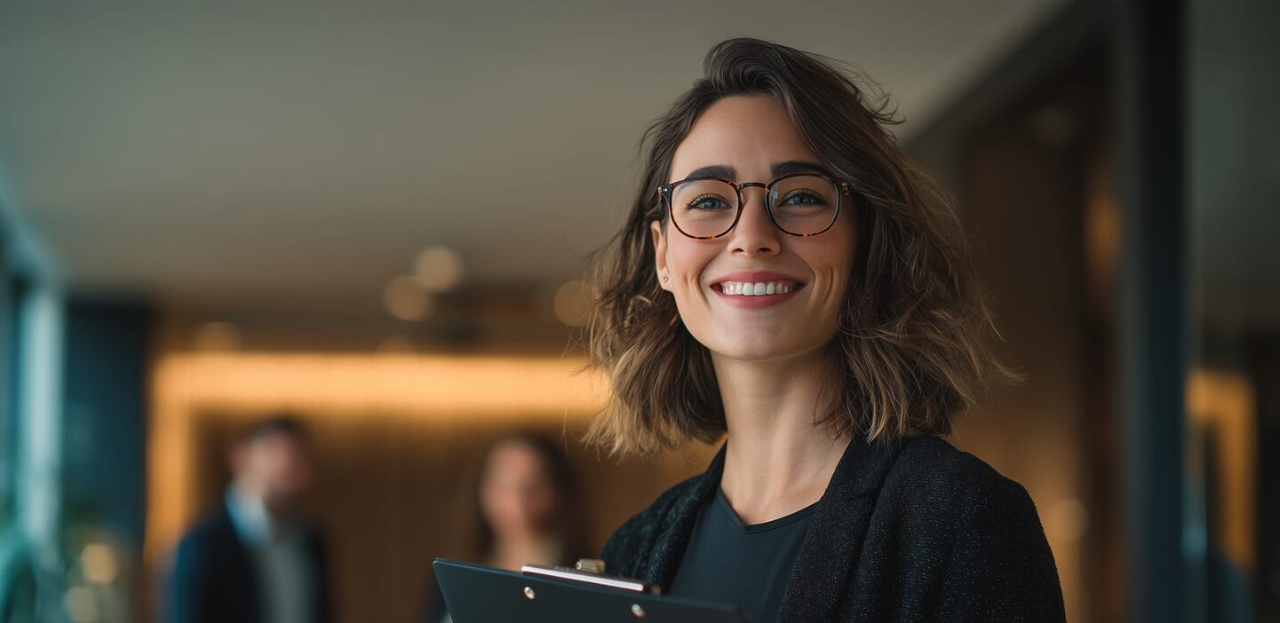 Smiling woman in a black blazer and glasses holds a clipboard. She has short, wavy brown hair and looks at the viewer, with two blurry people in the indoor background.