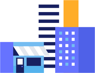 A city with tall buildings next to a small business.