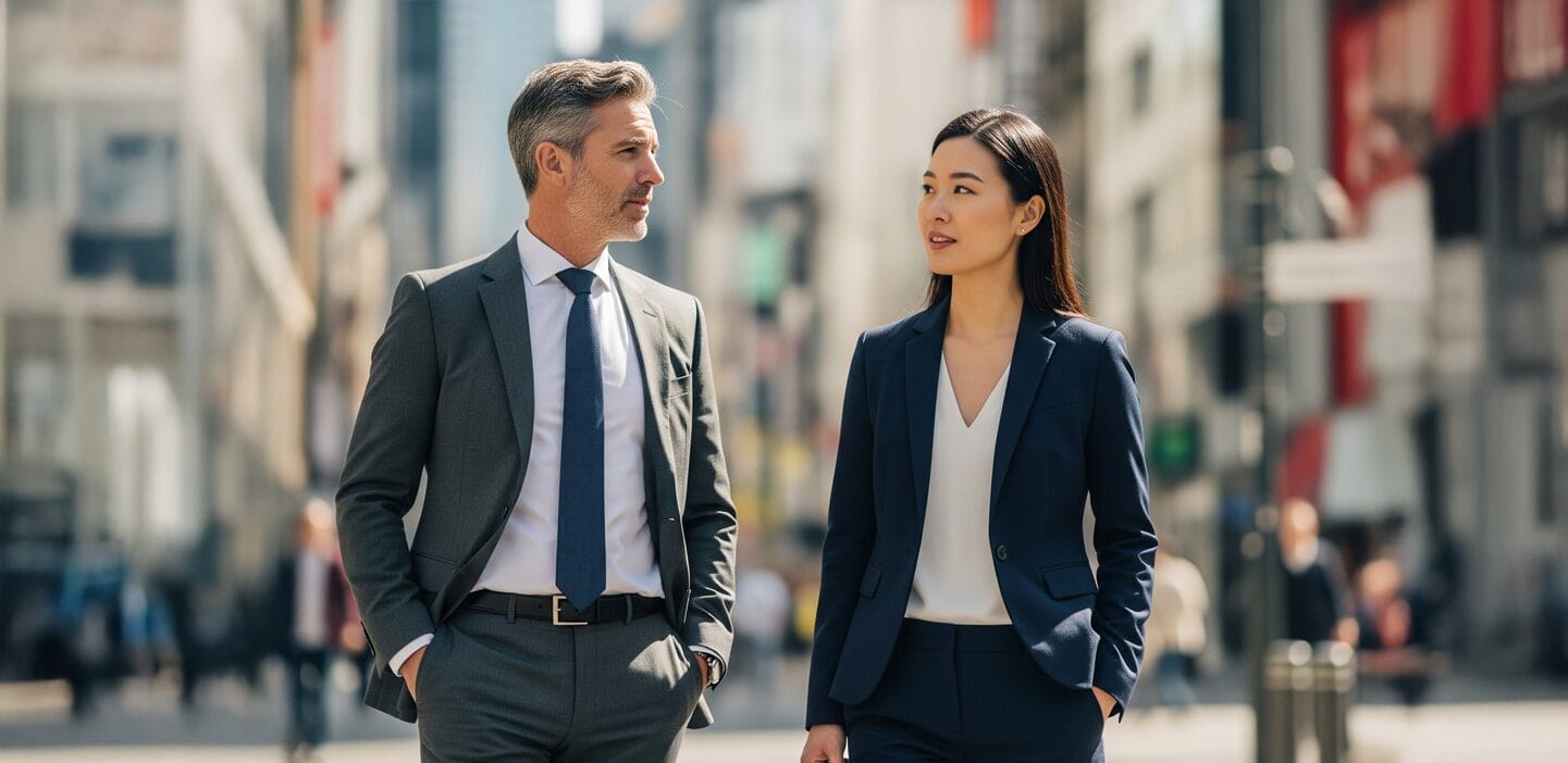 Man and woman in business suits walk side-by-side down a city street, looking at each other. The man wears gray and the woman wears navy, with a blurry city background.