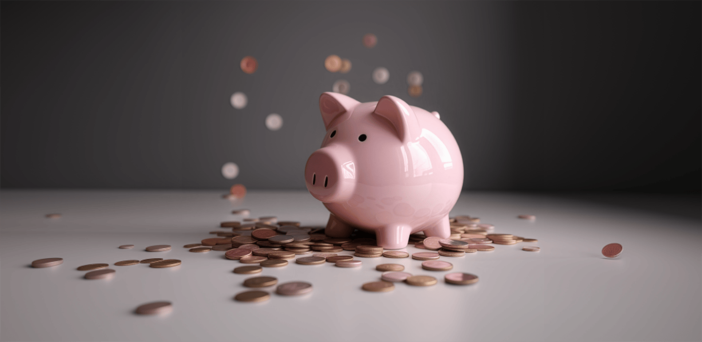 A shiny pink piggy bank sitting on a pile of copper and silver coins, with more coins falling from above.