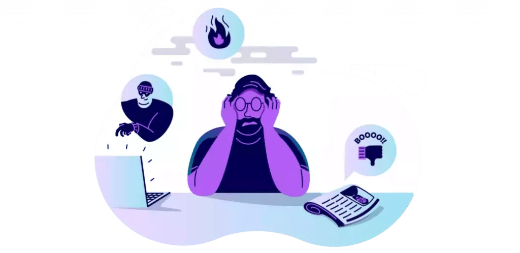 Man seated at desk at workplace pondering the risk if he is not protected by accounting insurance