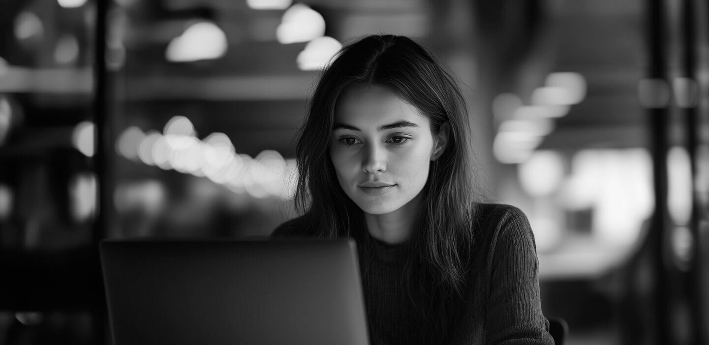 Young woman looking intently at her laptop
