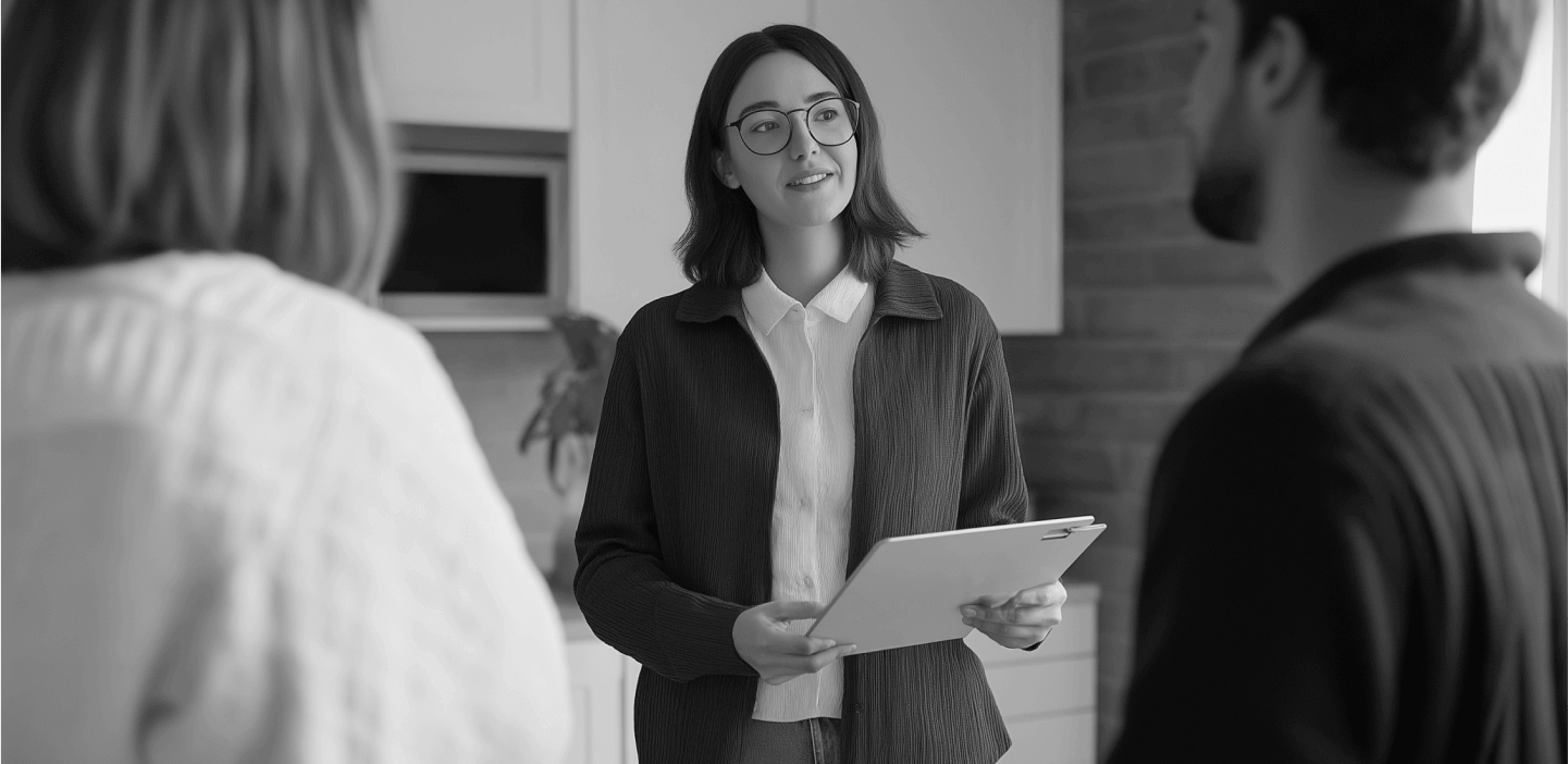 Woman talking to coworkers