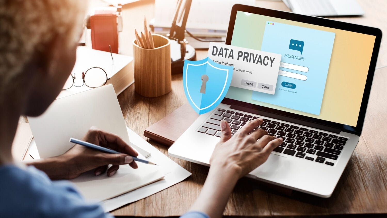 Business professional securing online data highlighting need for data breach insurance