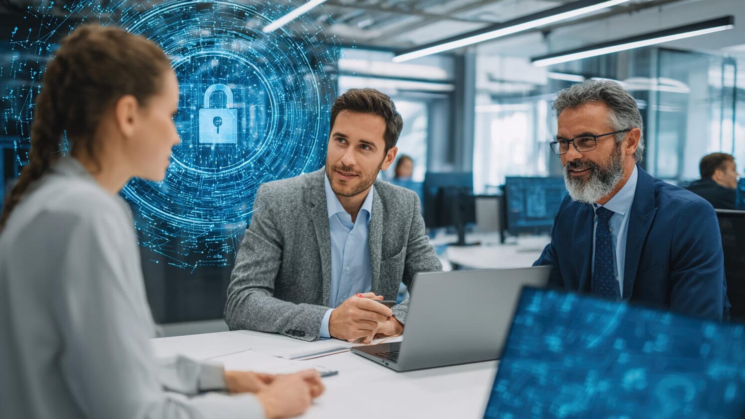 Business team discussing cybersecurity and insurance for technology professionals