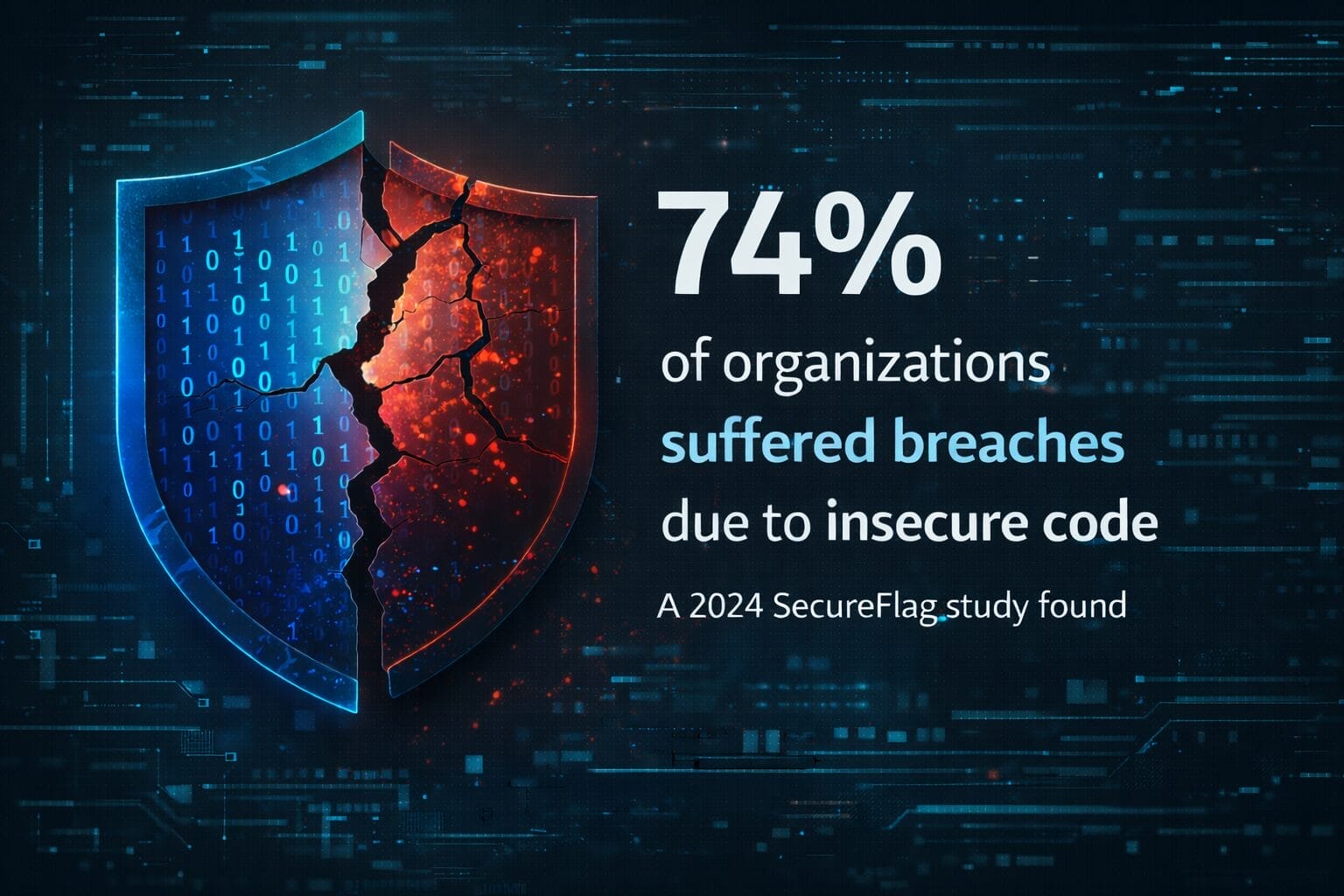 Statistic graphic showing 74% of organizations suffered security breaches due to insecure code, according to a 2024 SecureFlag study