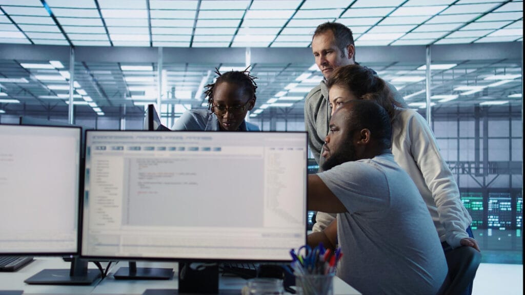 Developers reviewing code on monitors